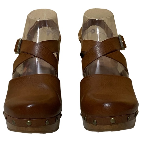 Korks Abloom Strappy Studded Clog Platform Slingback Sandals Brown Faux Leather - Picture 3 of 15